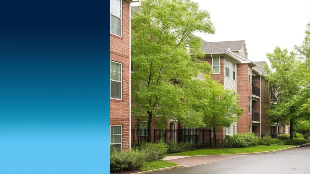 Bethpage condo buildings near Hempstead Turnpike with insurance protection signs