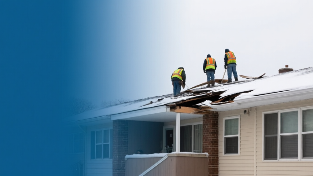 Levittown condo building exterior with winter storm damage repair crew