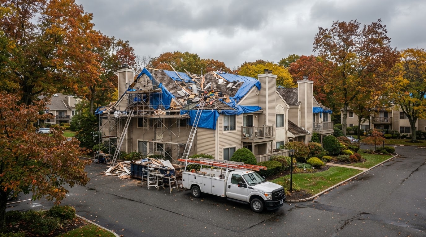 Insurance adjuster evaluating structural damage in a Plainview condo complex