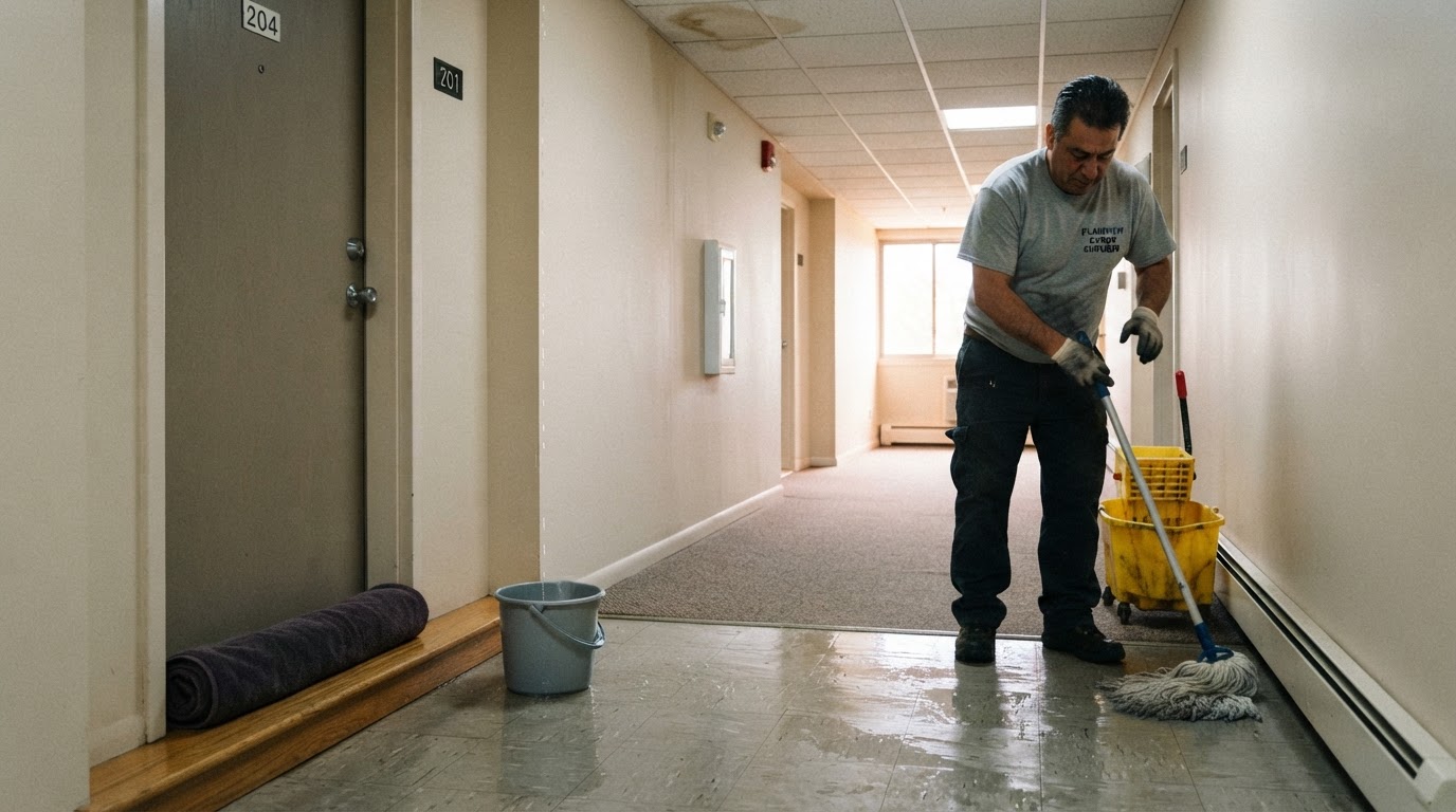 Plainview NY condo water damage claim inspection after appliance leak and flooring damage