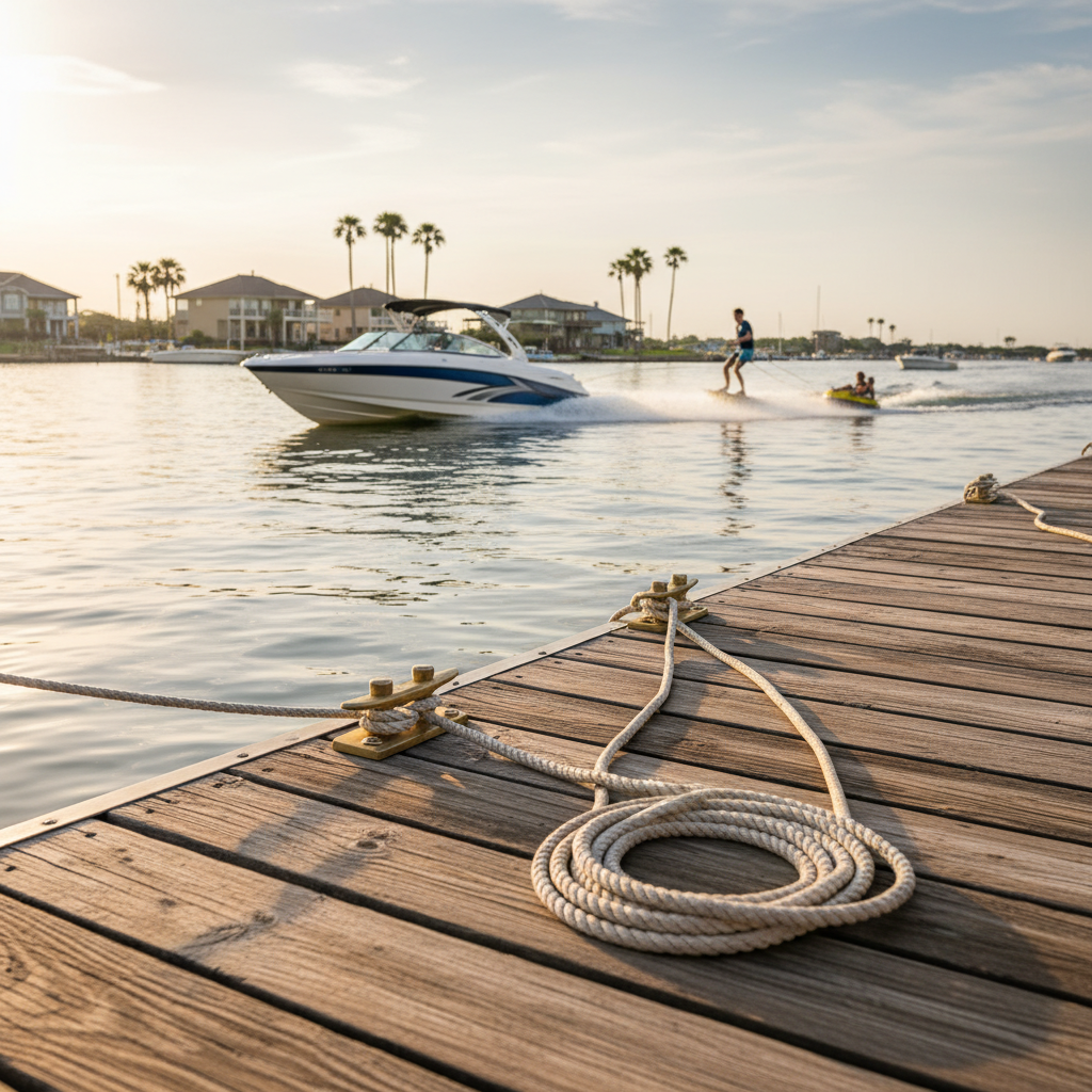 Boat towing a skier on Clear Lake near Clear Lake Shores with water sports coverage