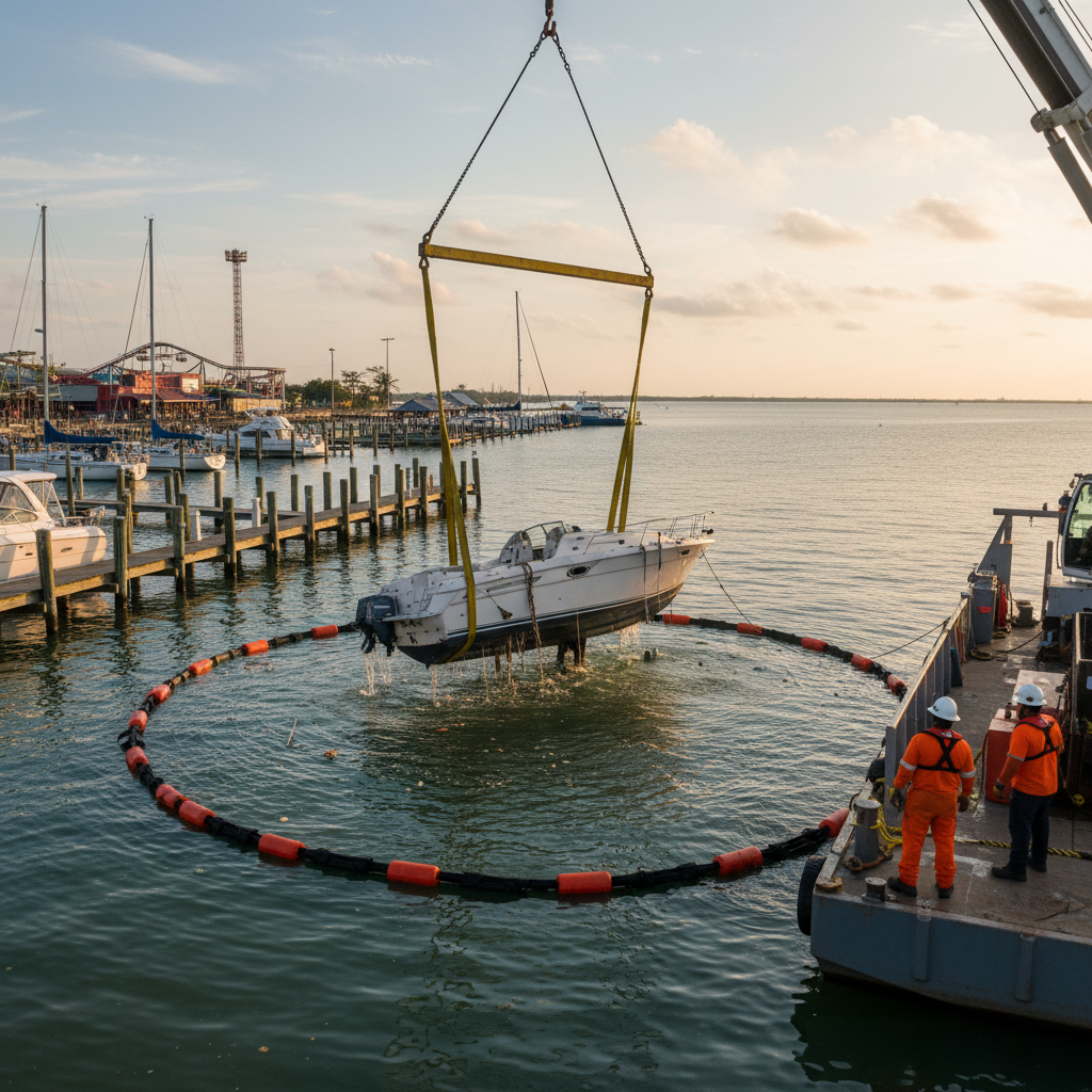 Boat salvage and wreckage removal response in Kemah, TX after storm damage
