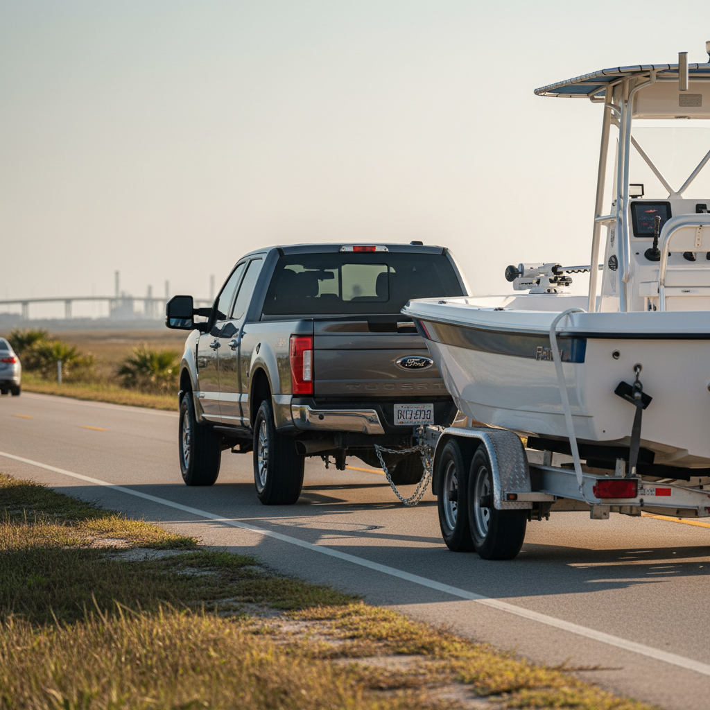 Boat and trailer towing assistance scenario for Santa Fe, TX owners at a Gulf Coast launch ramp