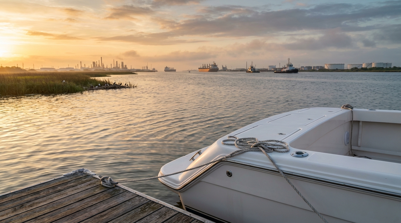 Texas City, TX boat pollution claim scenario showing fuel sheen response and containment