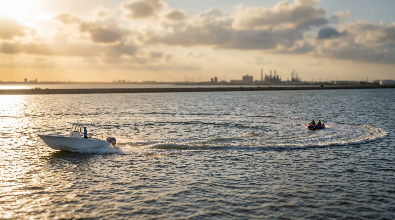 Boat towing a tube with water sports coverage in Texas City, TX