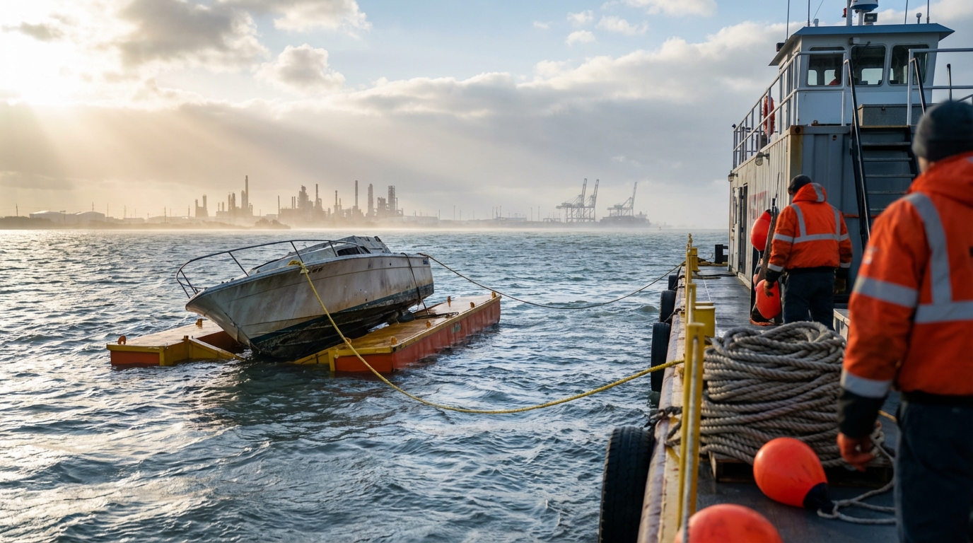Boat salvage and towing after a storm with wreckage removal coverage in Texas City