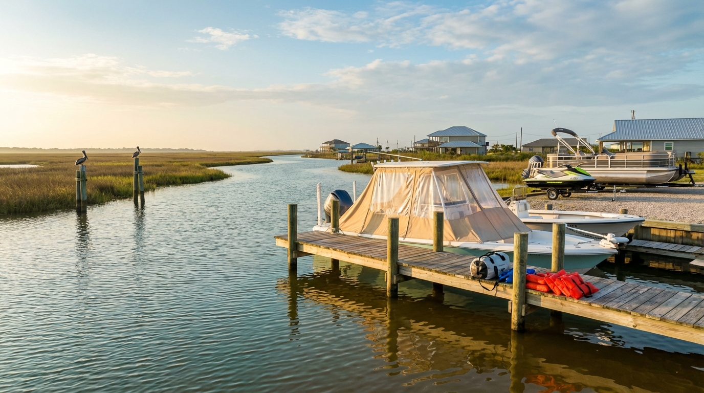 Map-style view of Dickinson and nearby Galveston County service areas for boat insurance