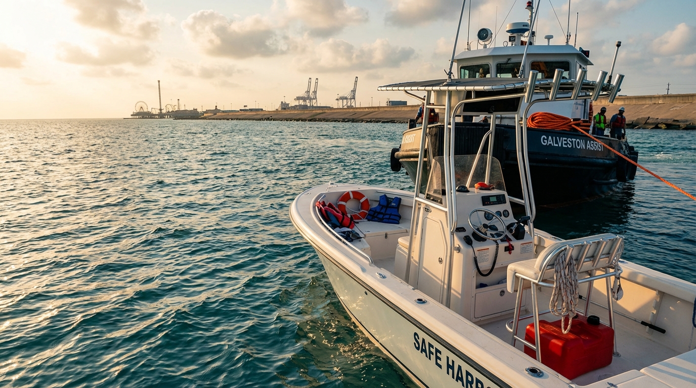 Boat owner doing a pre-departure checklist at a Galveston marina to prevent towing