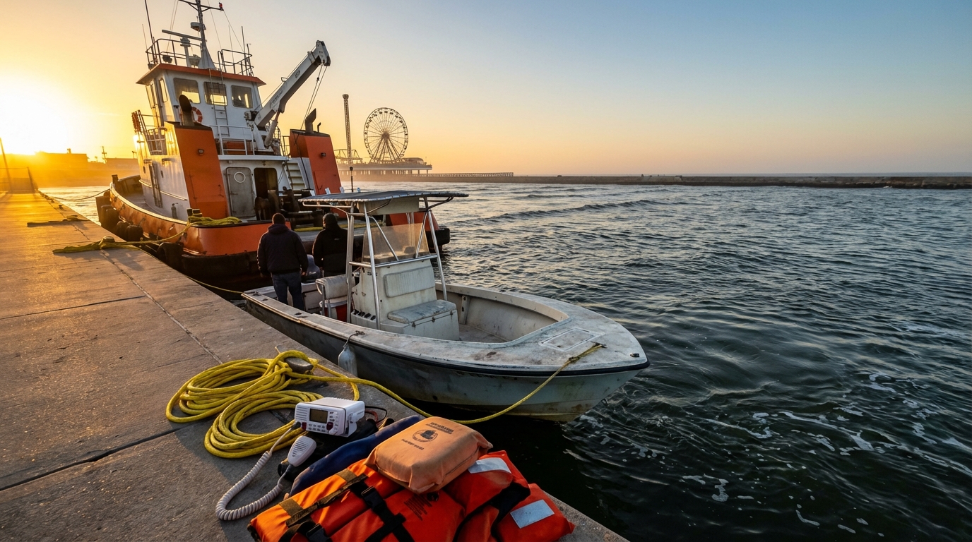 Tow boat assisting a disabled recreational boat near Galveston Bay channel markers