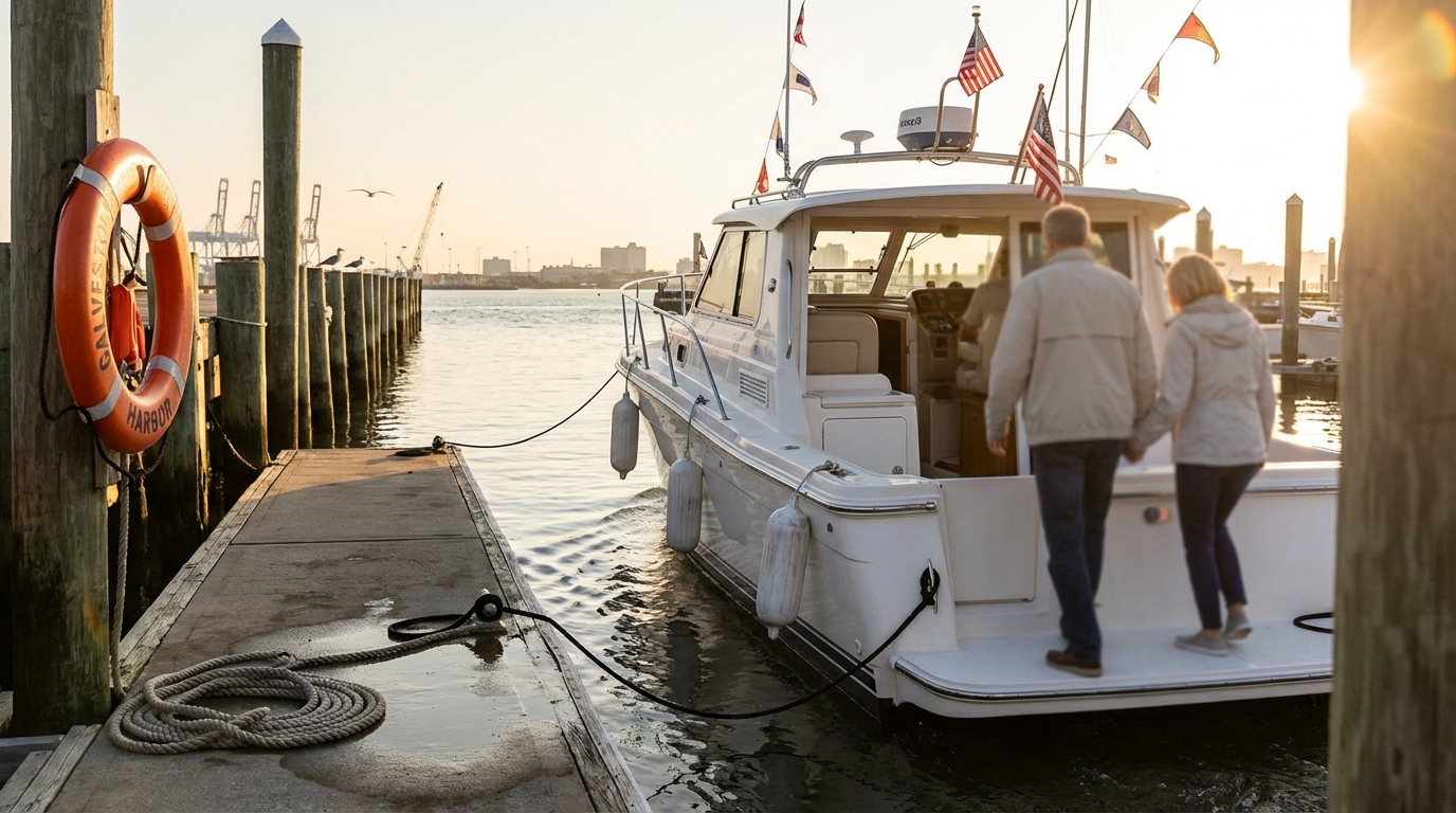 Boat guest injury scenario in Galveston with boarding ladder and dock slip risk