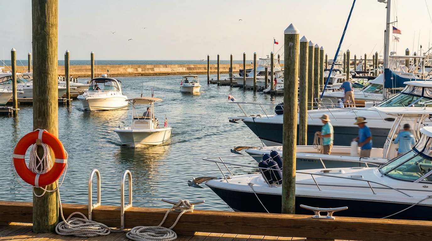 Boat navigating busy marina traffic in Galveston TX and why higher liability limits matter