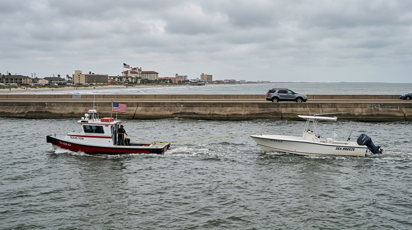 A distressed boater attempting to use a car insurance app while stuck on a sandbar in Galveston Bay