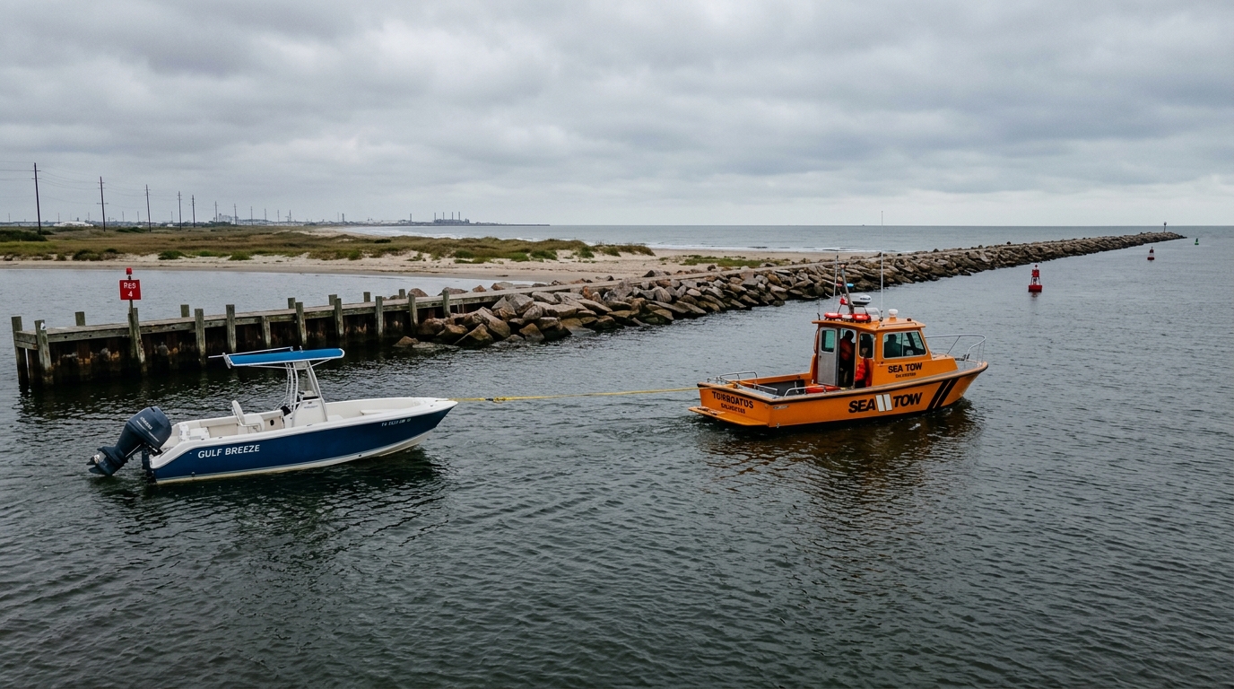 A specialized marine towboat from Sea Tow pulling a disabled center console in the Galveston Ship Channel near Texas City Dike