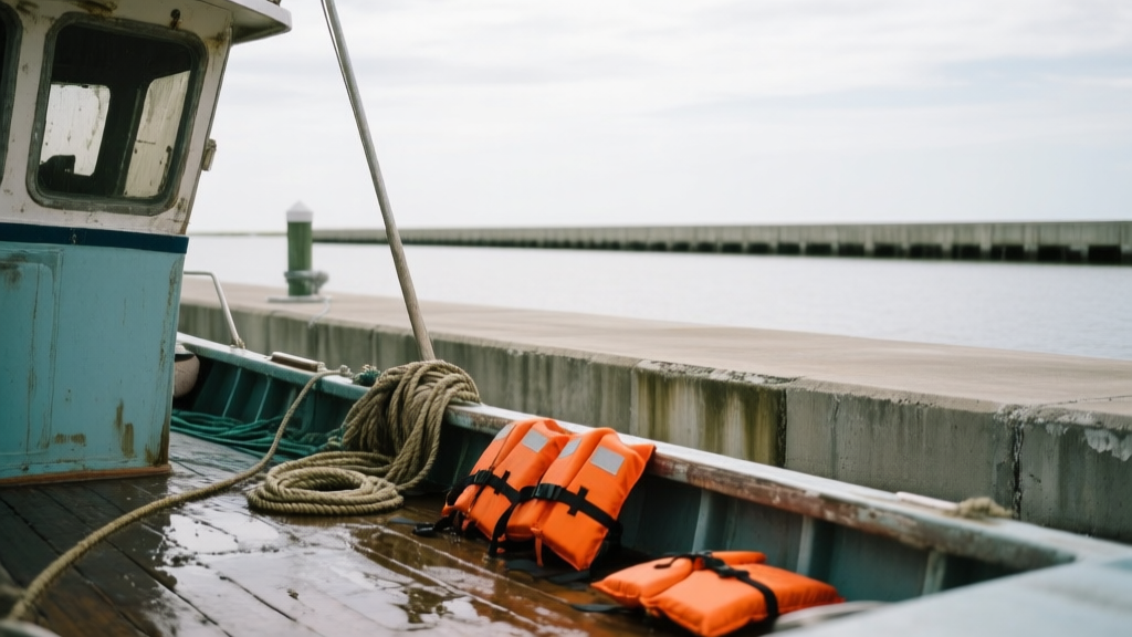 Two boats after a minor collision near a channel marker in Galveston Bay, with an ambulance arriving at a nearby dock.