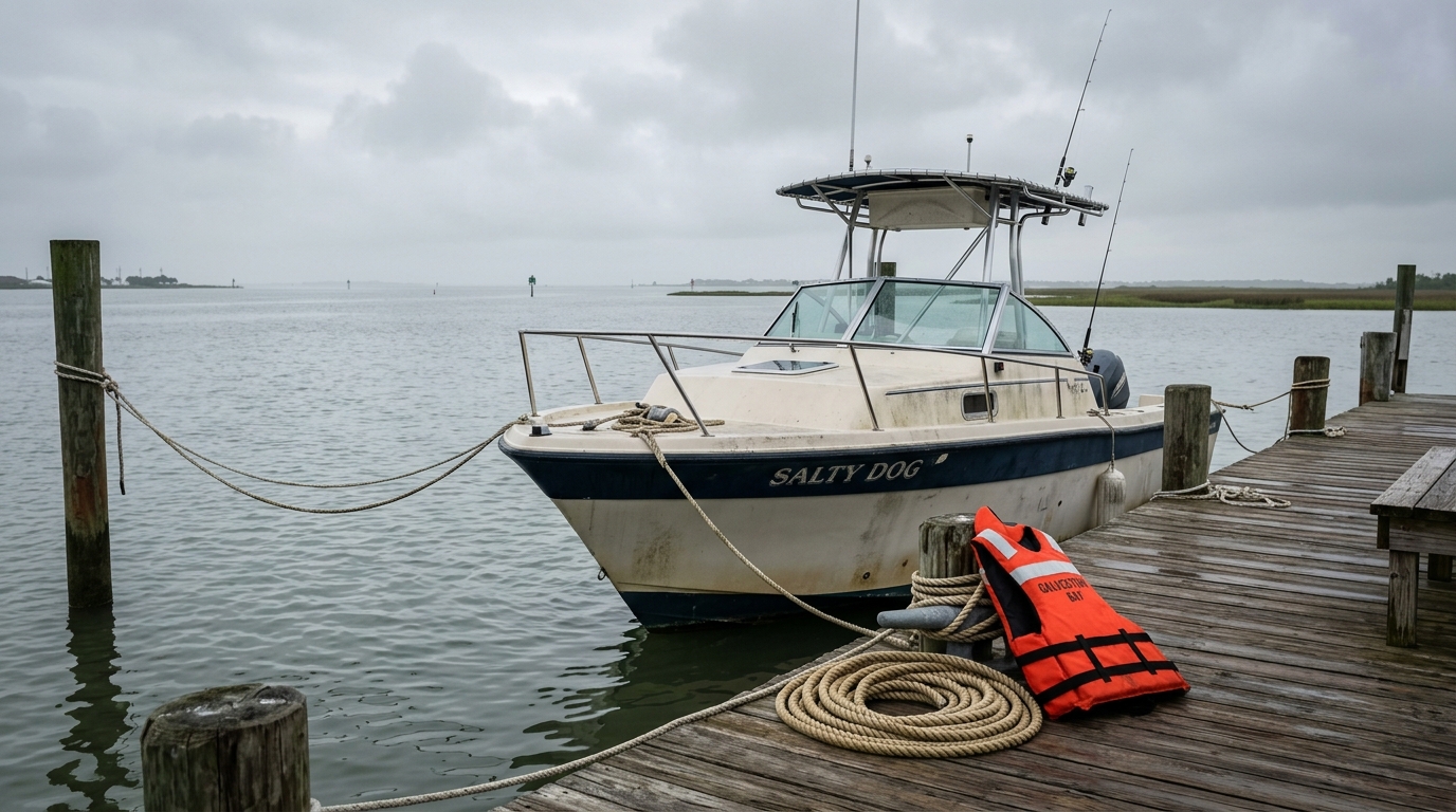 A Galveston boat owner reviewing an insurance policy document on a tablet at the marina.