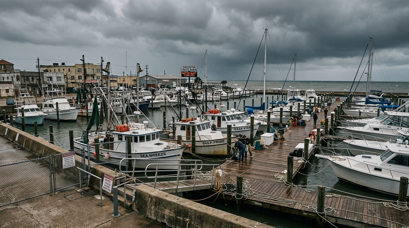 Boat owner photographing vessel condition before hurricane season in Galveston Texas