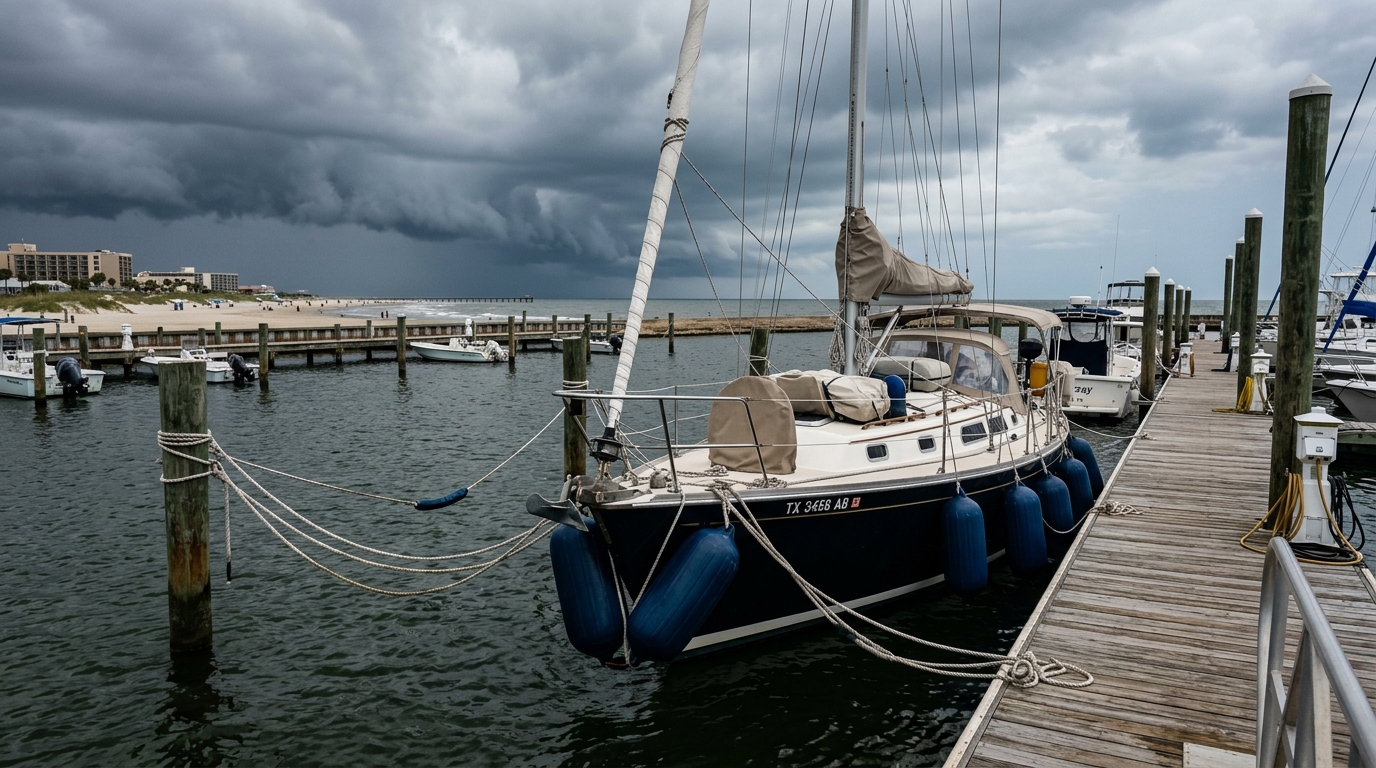 Aerial view of Galveston harbor with boats secured before a storm, emphasizing local hurricane preparedness