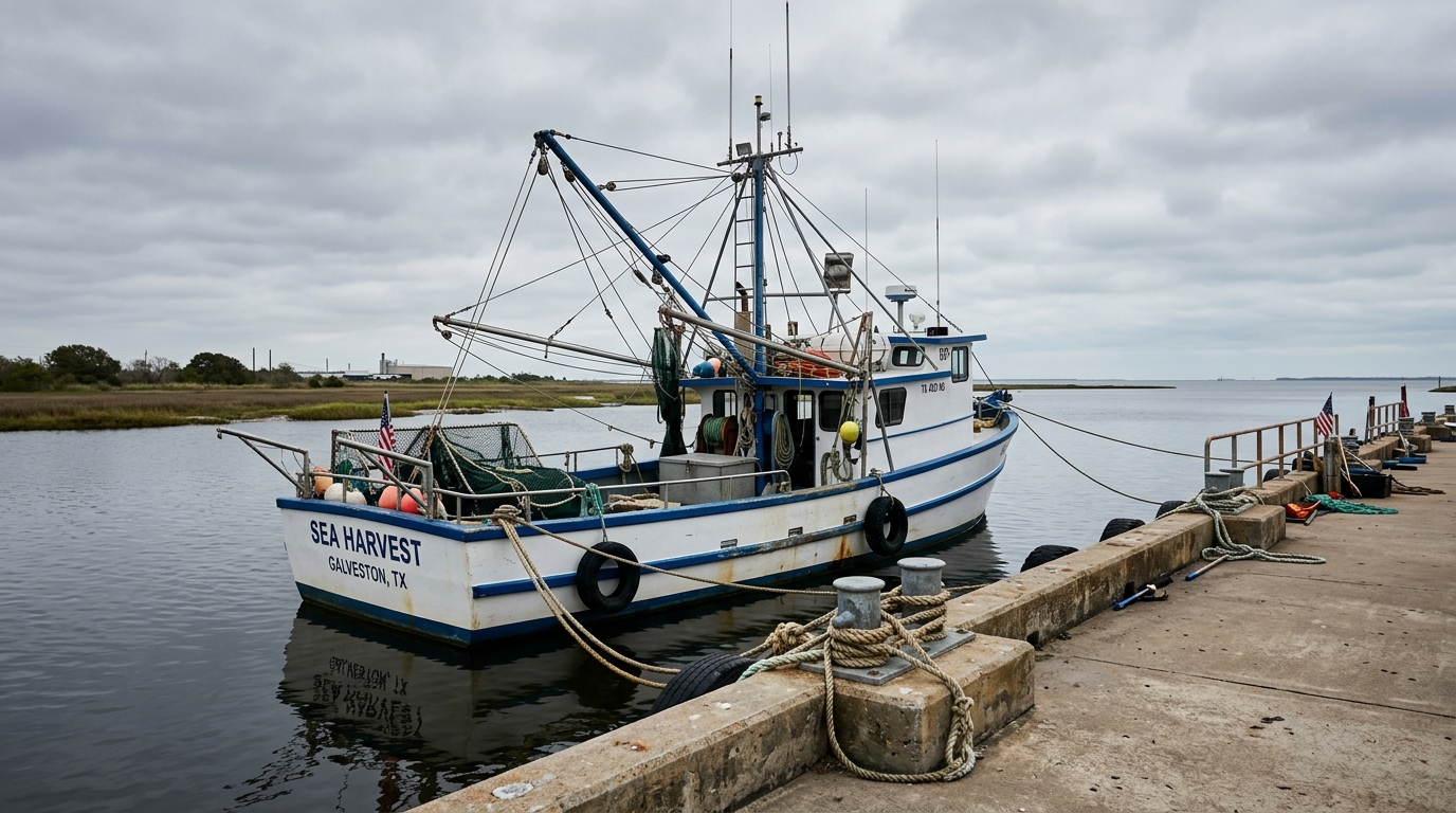 A Galveston boater reviewing insurance documents on a docked boat with the harbor in the background