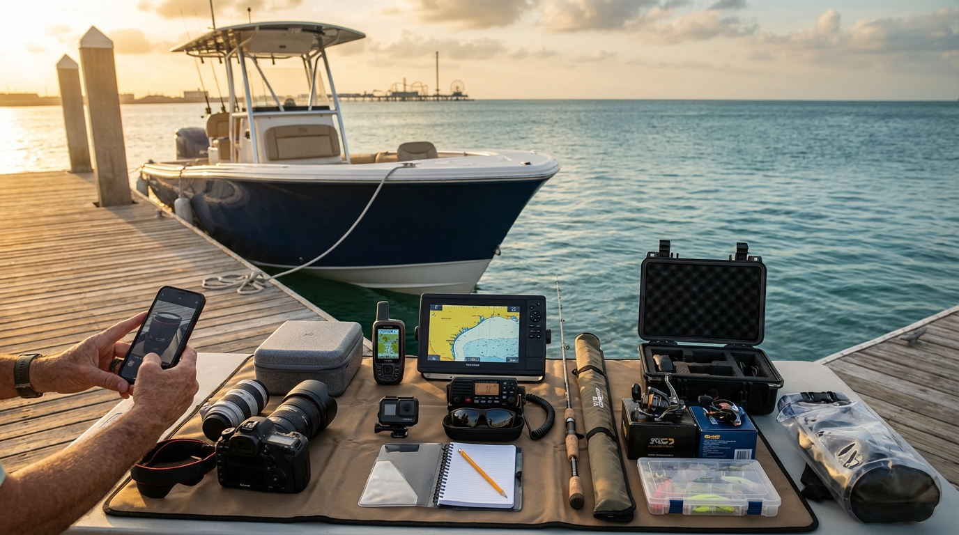 Galveston boat gear inventory checklist with serial numbers for electronics and camera equipment