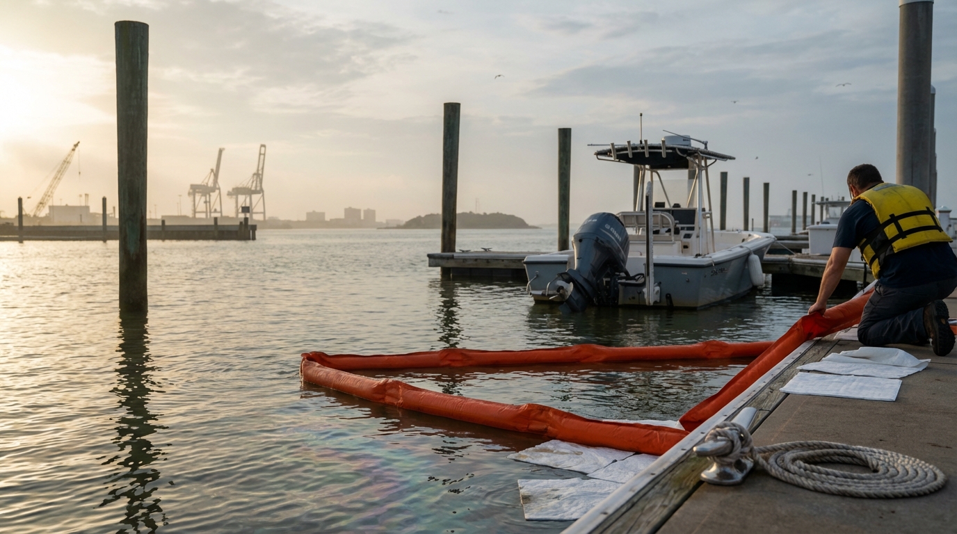 Galveston Bay shoreline and marina slips emphasizing environmental cleanup cost drivers
