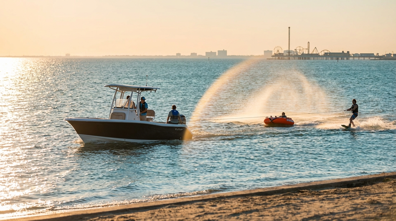 Galveston family towing a tube on calm bay water with a spotter and safety flag