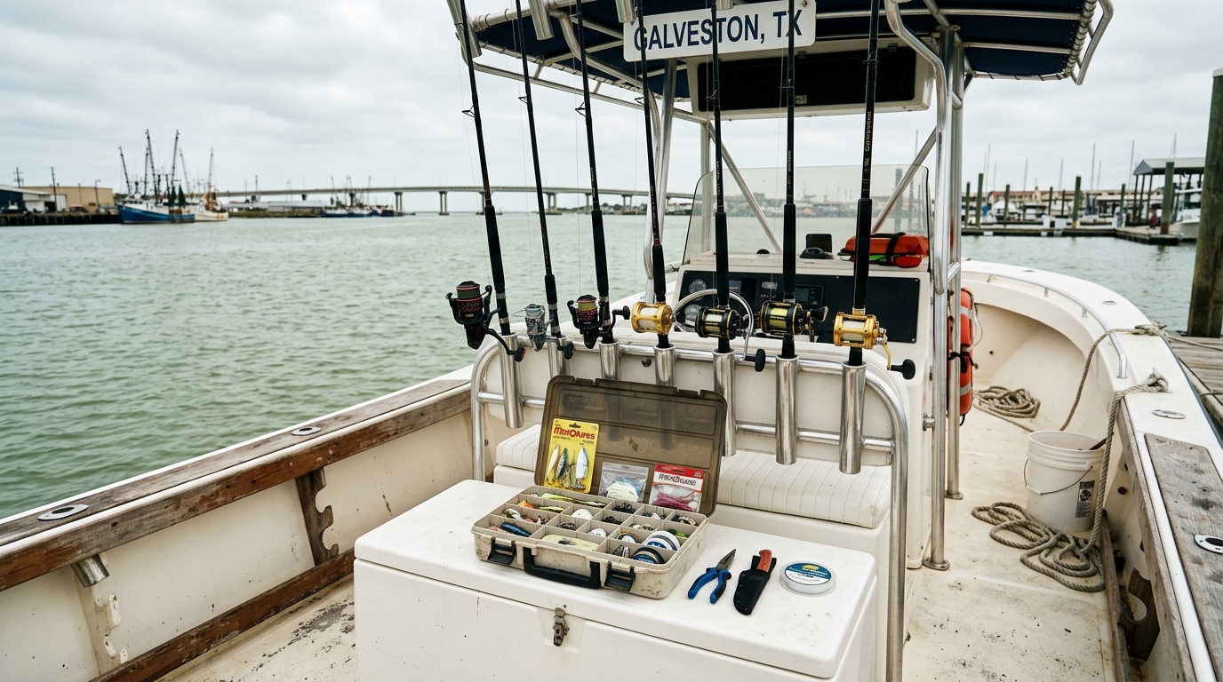 Angler organizing fishing rods and tackle box on a boat in Galveston, Texas