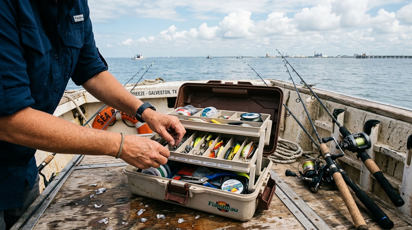 Close-up of a fish finder and GPS unit on a boat console with Galveston Bay in the background