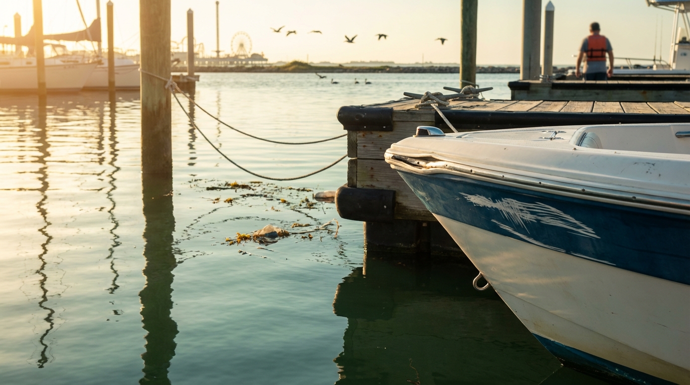 Boat tied up at a Galveston marina showing fenders and dock pilings after a minor docking collision