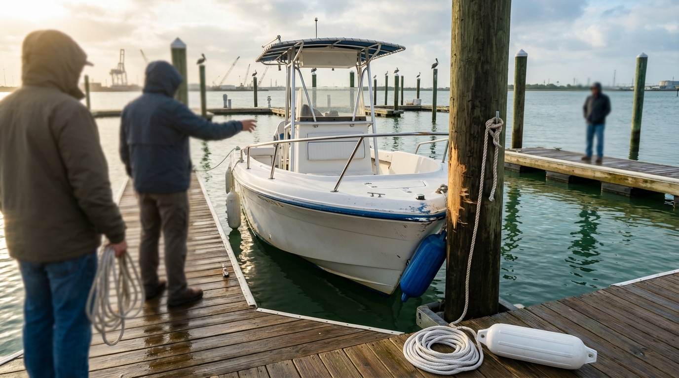 Close-up of scratched gelcoat and damaged rub rail from a docking mishap in Galveston TX