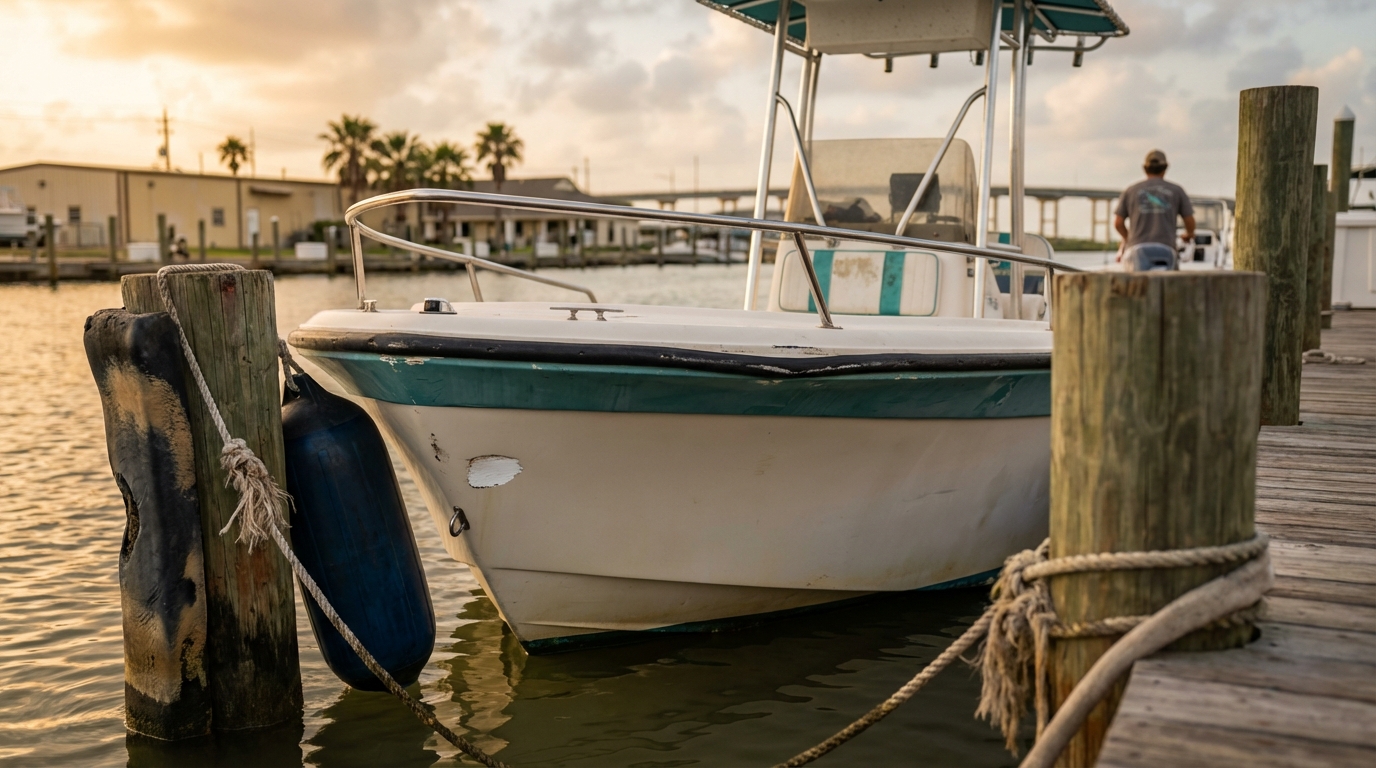 Boat owner taking photos of dock cleat damage and hull scuffs for an insurance claim in Galveston