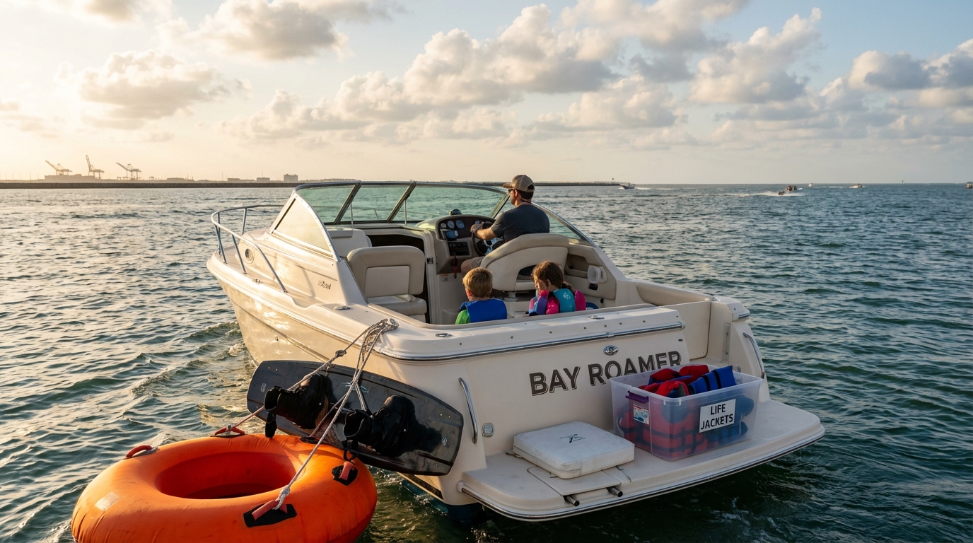 Galveston family boating safety briefing with life jackets and passenger rules