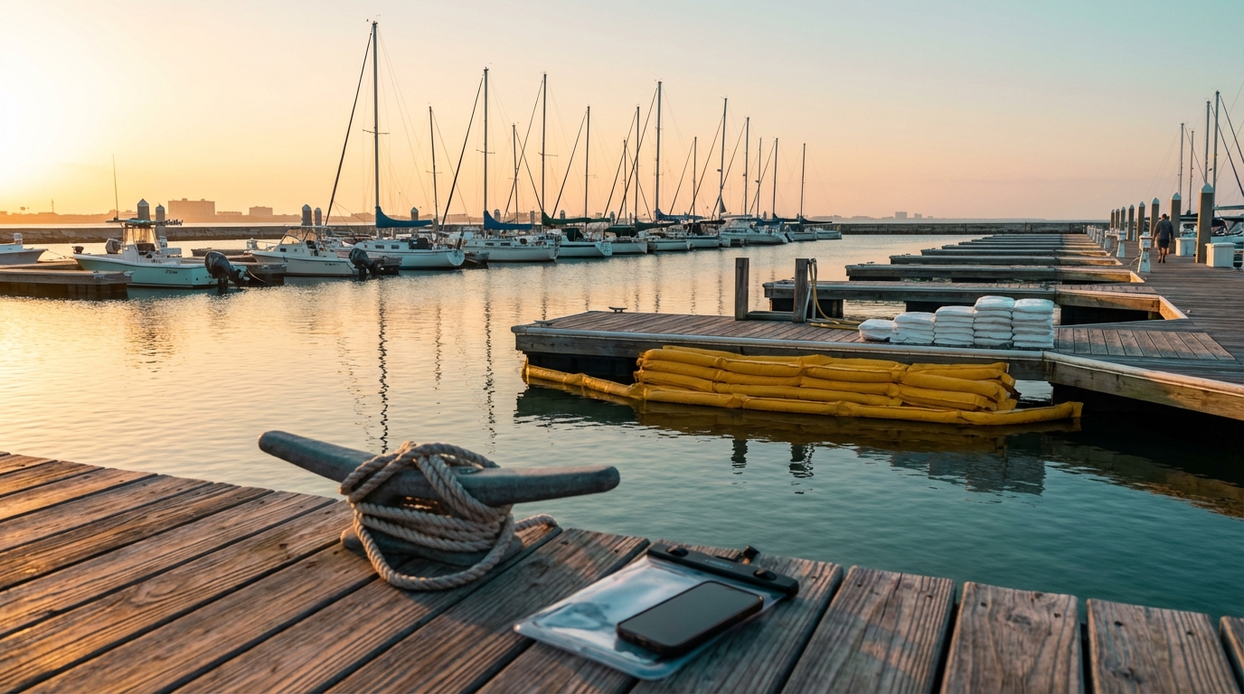Boat salvage and wreck removal at a Galveston marina after storm damage