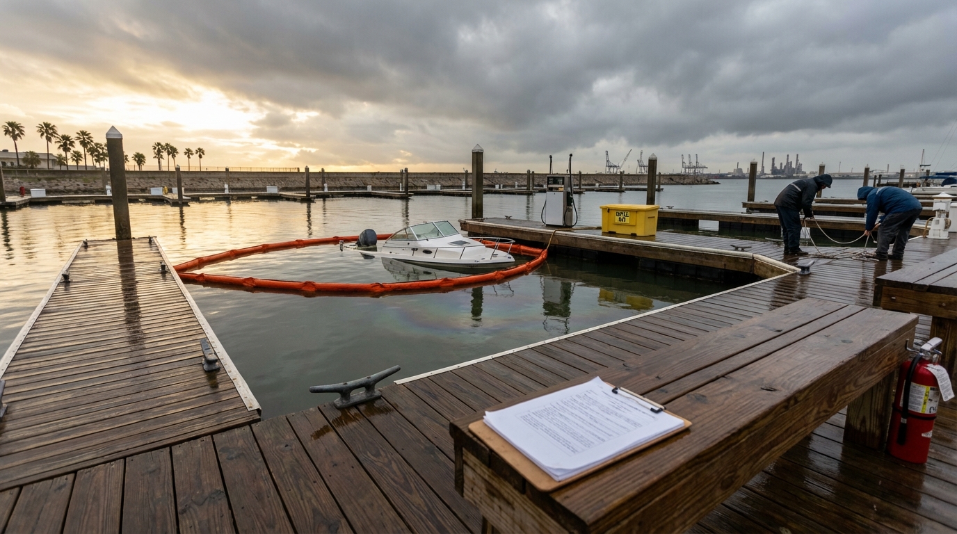 Galveston Bay marina docks with boats in slips and storm preparedness gear