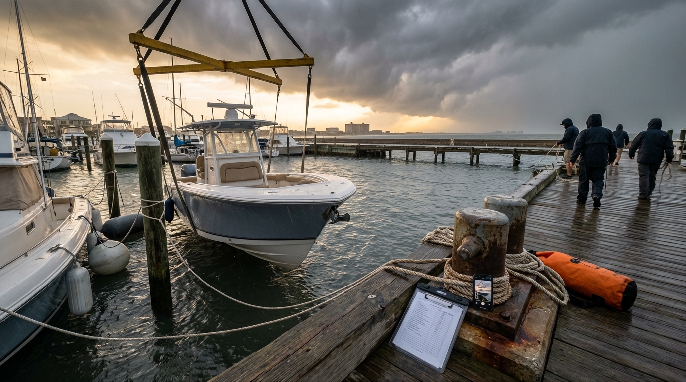 Galveston boat owner preparing a hurricane haul-out and documenting hull condition before storm season