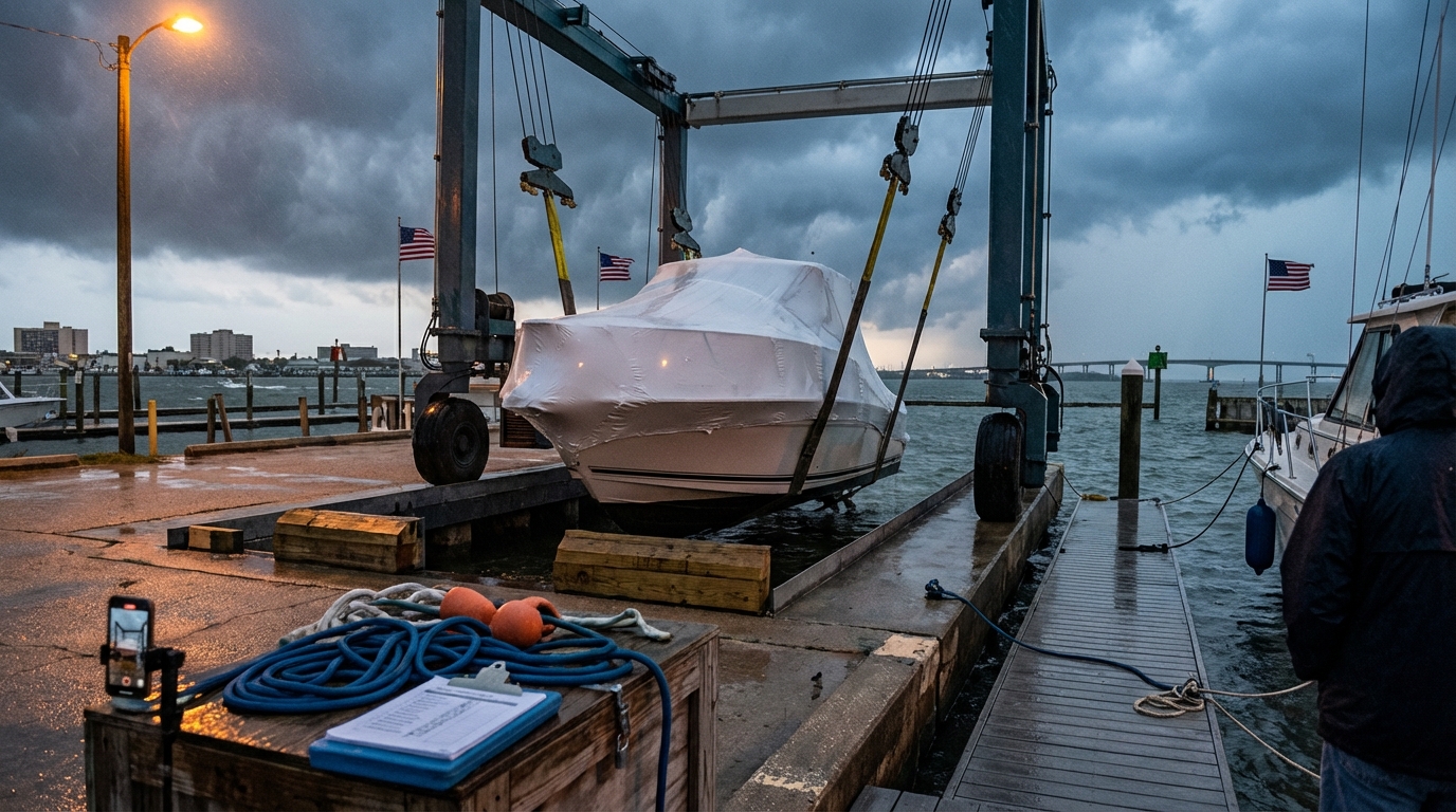Boat inventory checklist with photos of hull, engine serial numbers, and marine electronics for a Galveston insurance claim