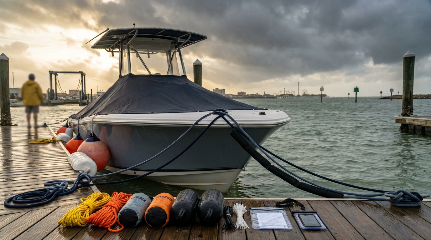 Galveston marina dock lines with chafe protection and oversized fenders set for storm surge to protect hull coverage