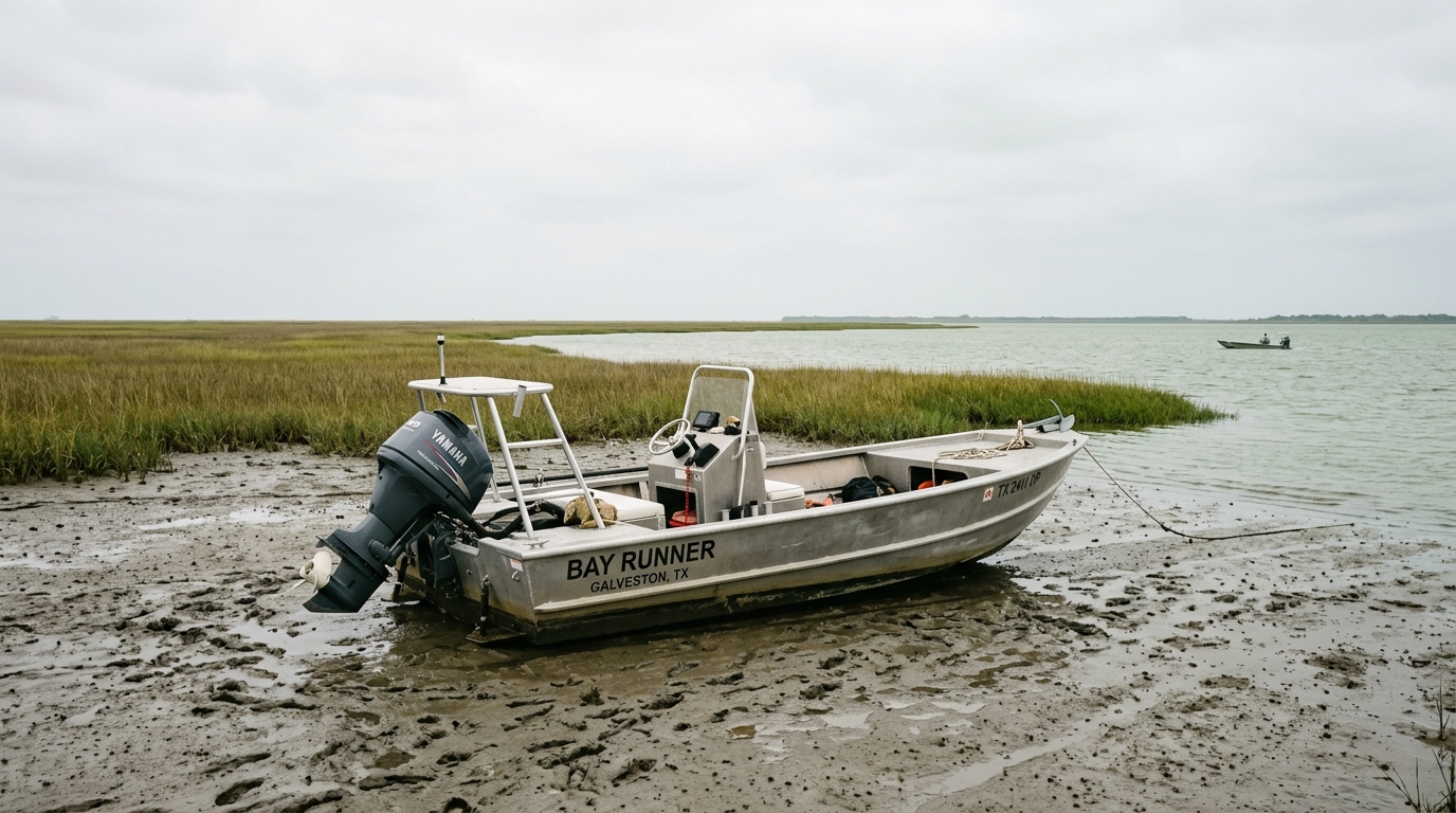 A powerboat tilted on a sandbar in Galveston's West Bay, illustrating a soft aground scenario