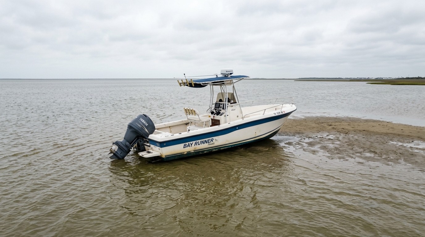 A professional tow boat assisting a grounded vessel near the Galveston Causeway