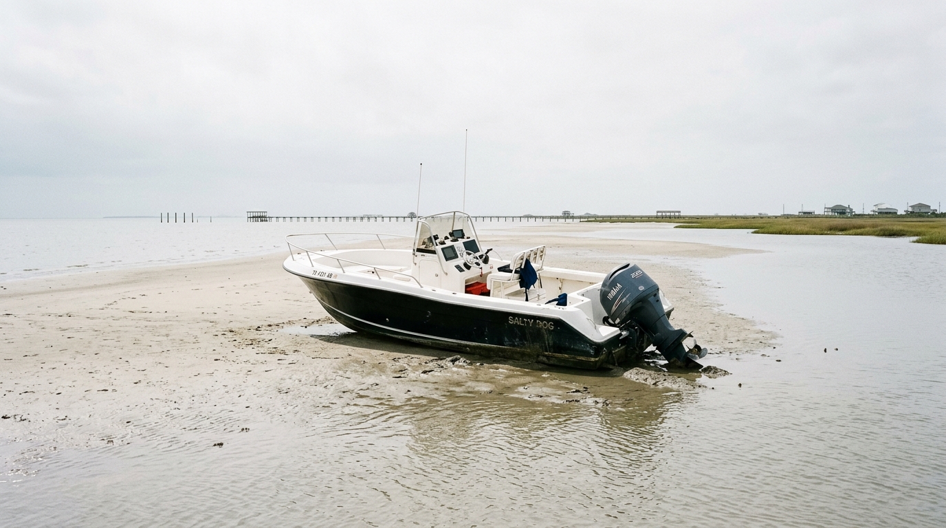 An aerial view of a boat navigating a shallow channel near a sandbar in Galveston Bay