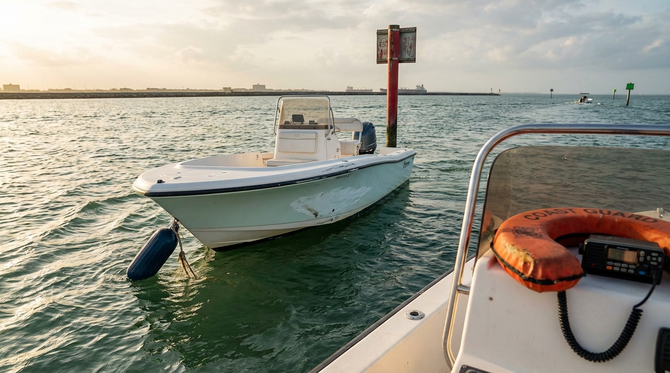 Photos of boat hull damage and registration details after a hit-and-run near Galveston marinas