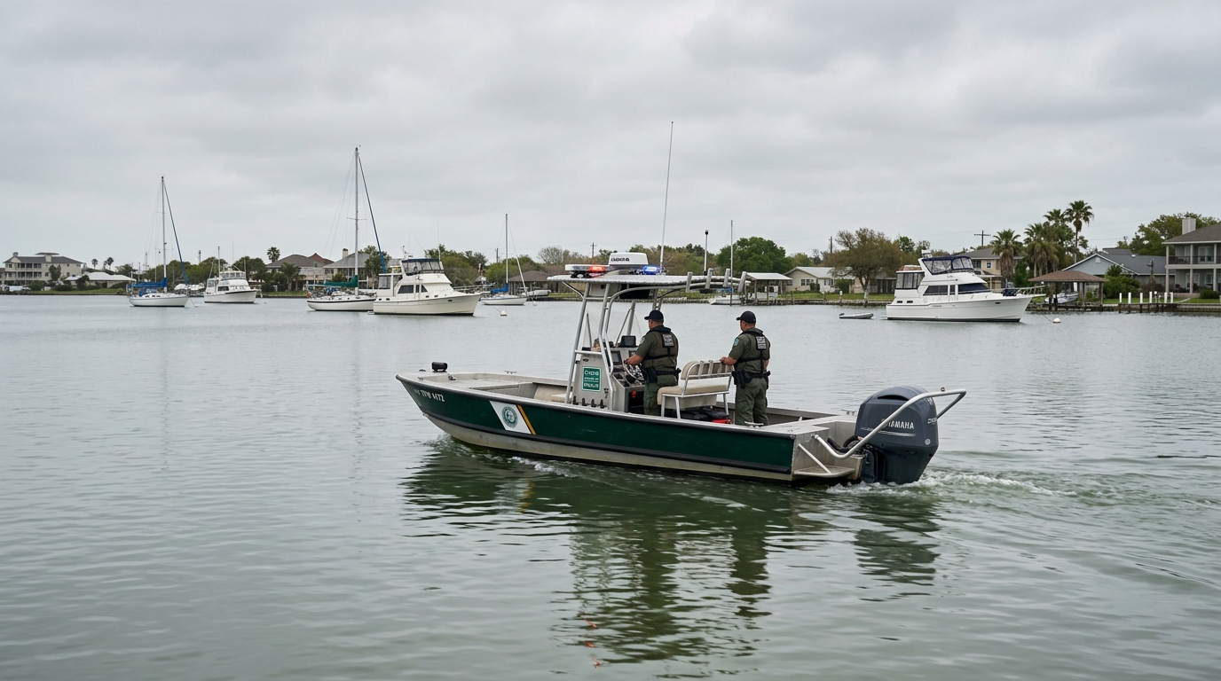 A Texas Parks and Wildlife boat patrolling a crowded Galveston waterway