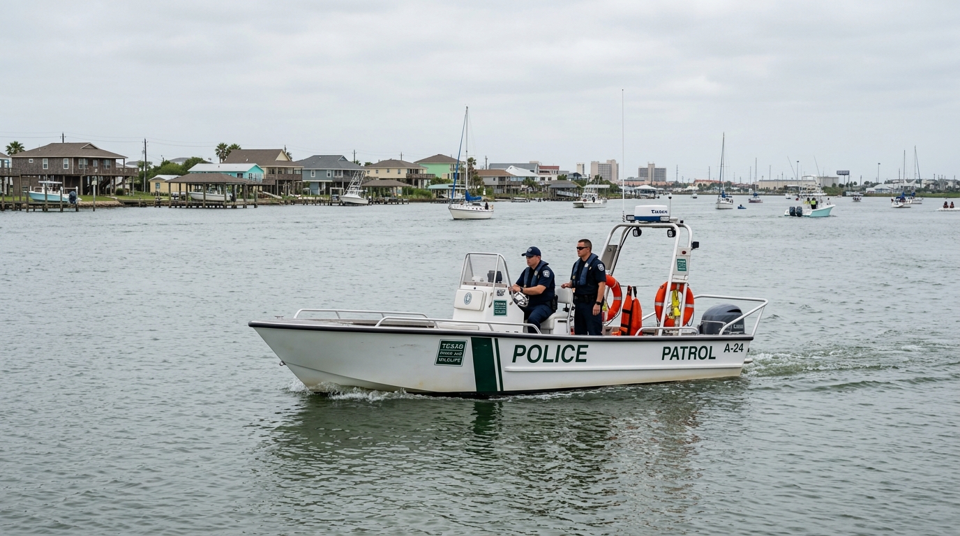 A boater in Galveston safely using a VHF radio to call for help after an accident