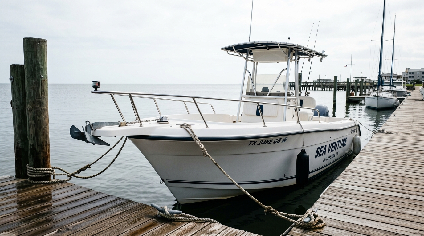 A boater reviewing financial documents and insurance policy on a tablet while at a marina in Galveston
