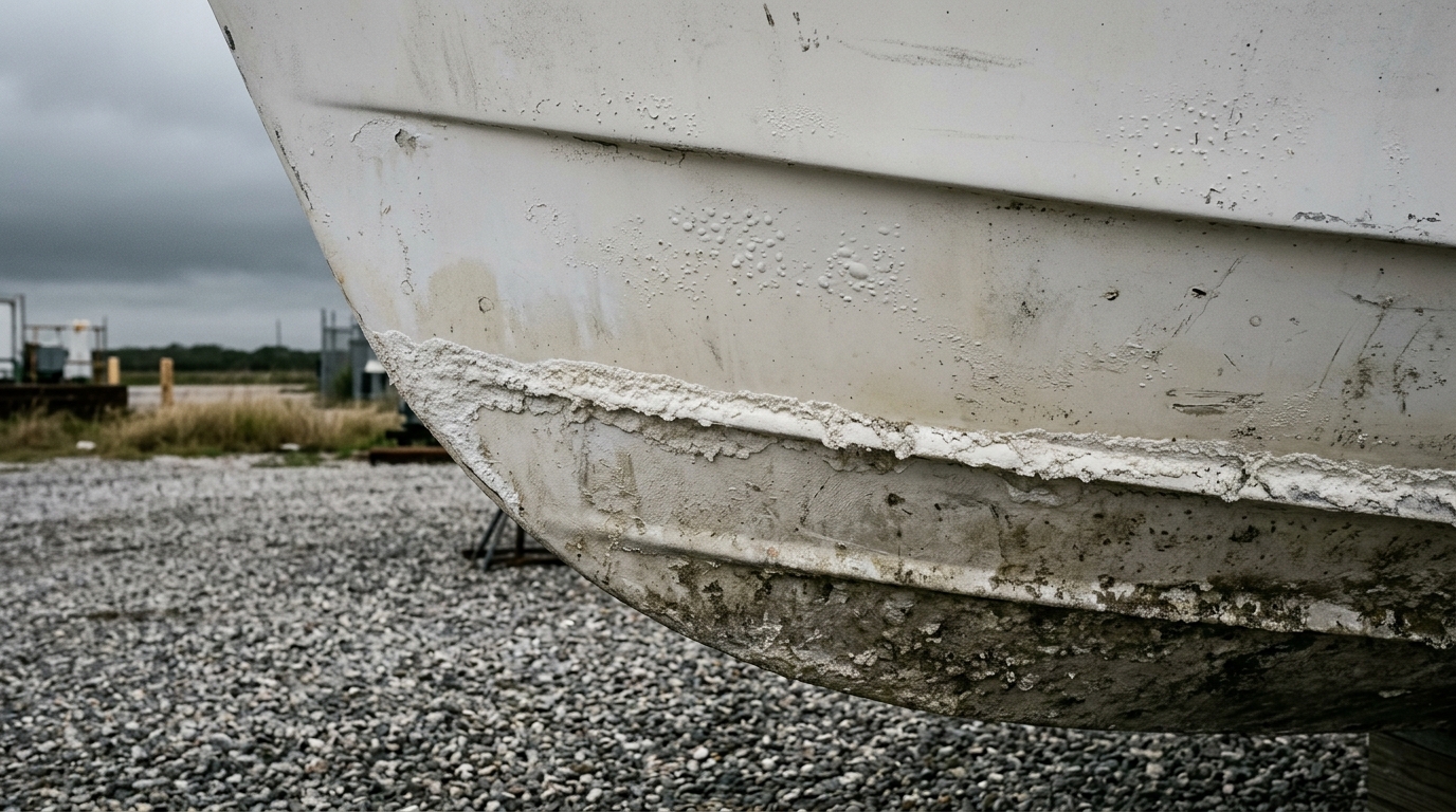 Detailed close-up of severe osmotic blistering on a boat hull bottom