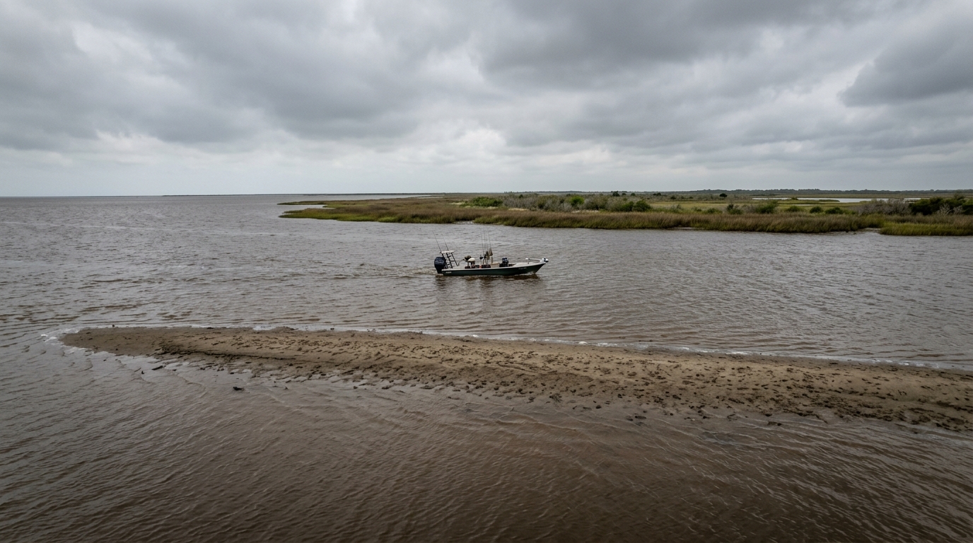 A boat navigating the shallow brown waters of Galveston Bay with an exposed sandbar visible in the foreground