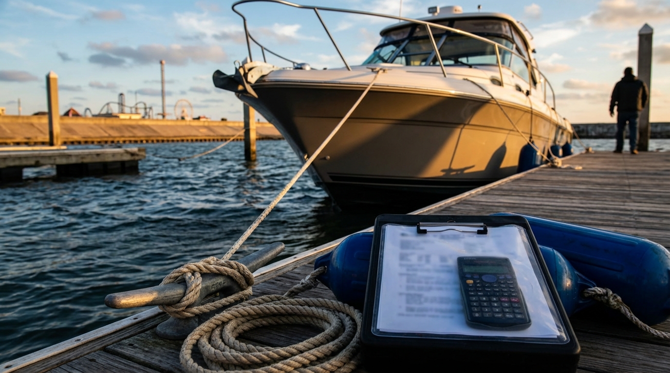Boat tied up at a Galveston marina illustrating hull deductible choices for dock damage claims