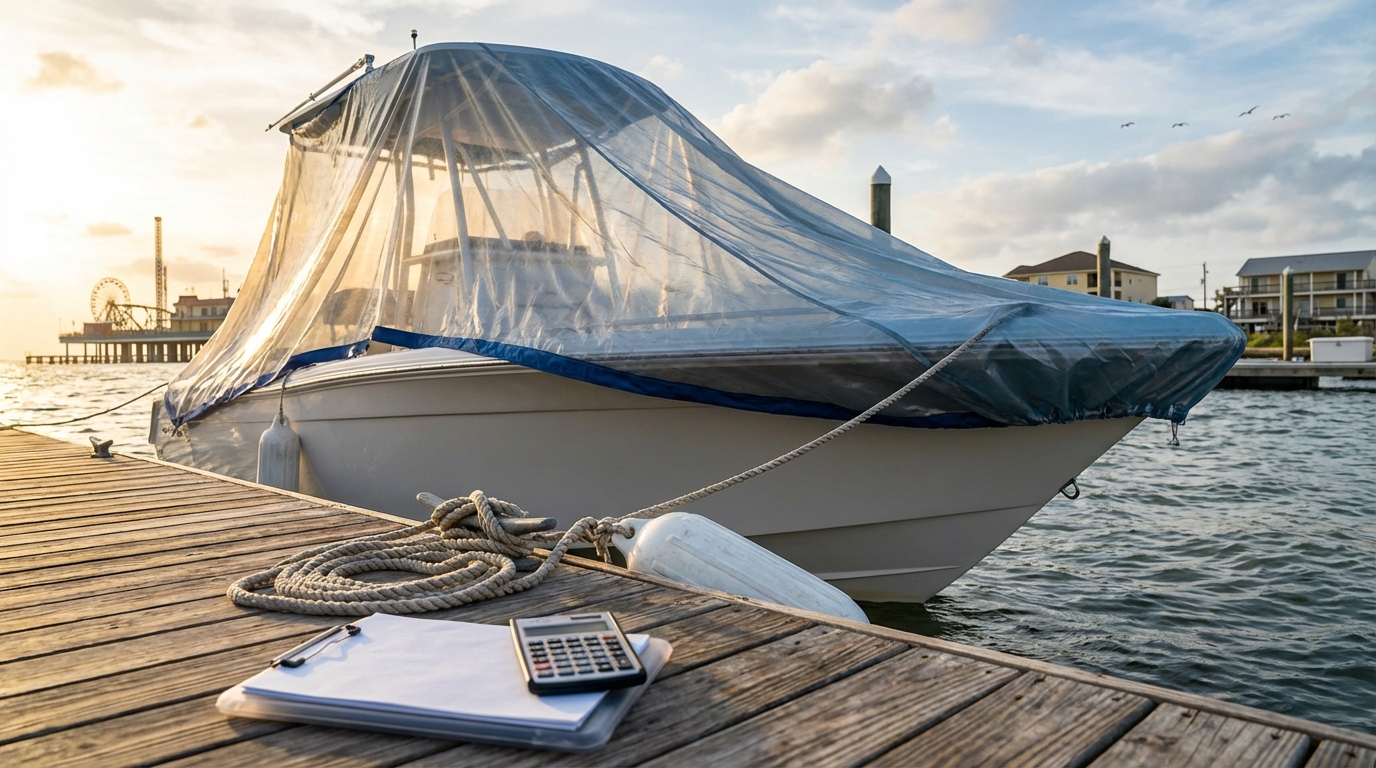 Illustration of boat hull damage from storm debris near Galveston and how deductibles apply