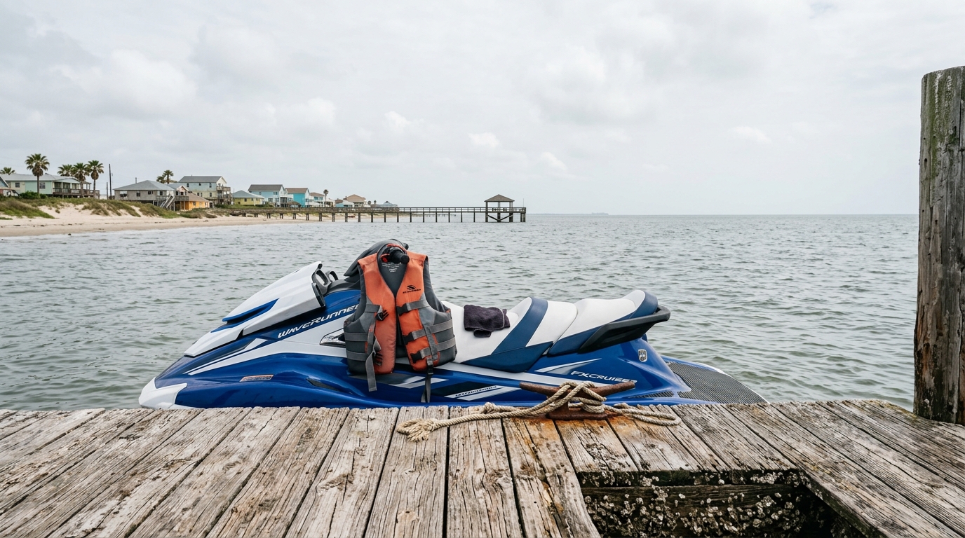 Jet skis riding near the Galveston Seawall on a busy summer day, highlighting the need for proper PWC coverage