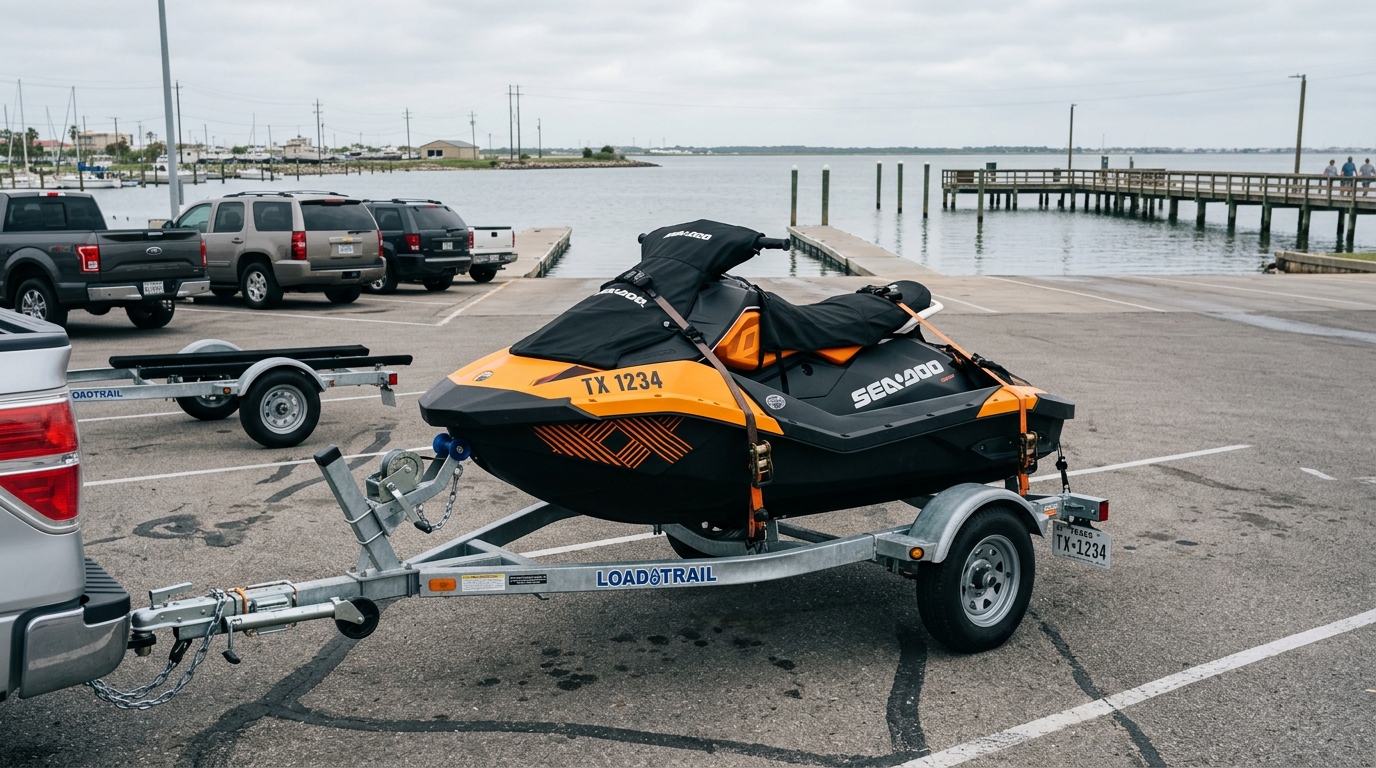 A damaged jet ski on a trailer after a collision, illustrating the importance of physical damage coverage