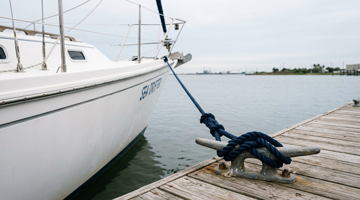 A boat owner reviewing insurance documents on a tablet at a marina in Galveston, Texas